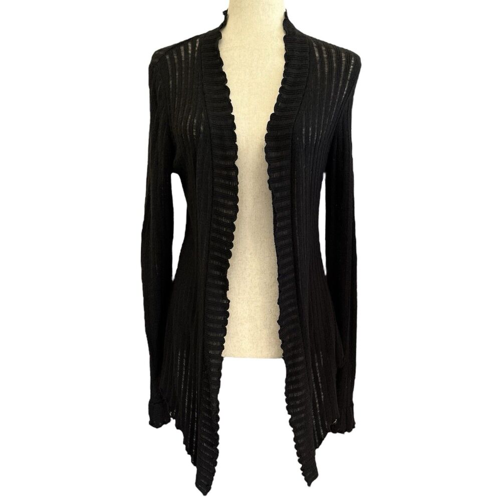 Express Y2K Ruffle Open Knit Long Cardigan Size M Black Sheer Witchy Bell Sleeve